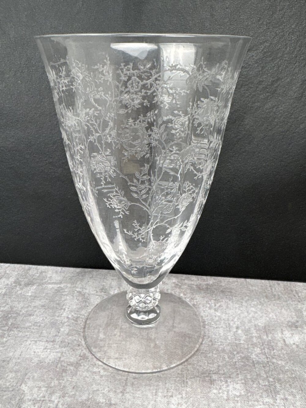 Fostoria Chintz Etch Crystal Wine Glass Goblet Elegant Floral Design Vtg